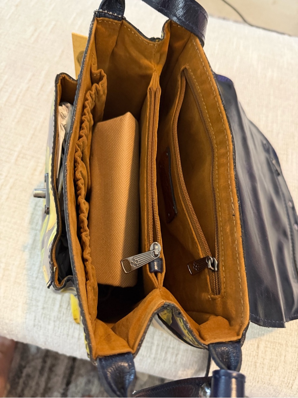 Patricia Nash leather Positano Limon Leandra Flip Crossbody Bag Navy & lemon - Picture 3 of 9